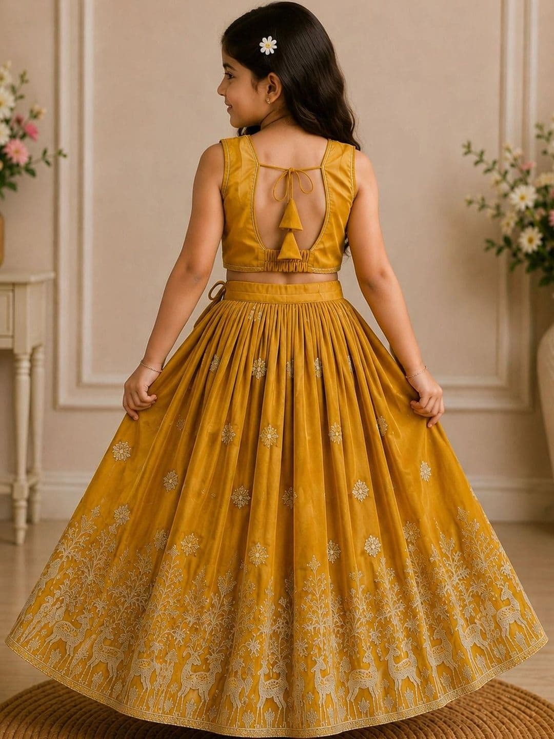 KALINI Girls Embellished Thread Work Ready to Wear Lehenga & thumbnail 3