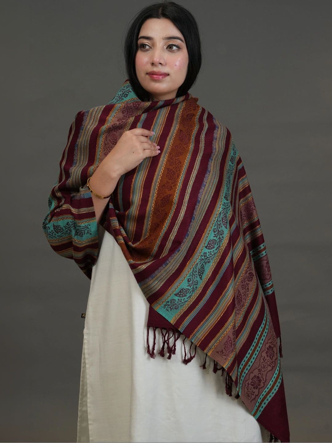 S.T. Women Striped Woven Design Acrylic Shawl thumbnail 4