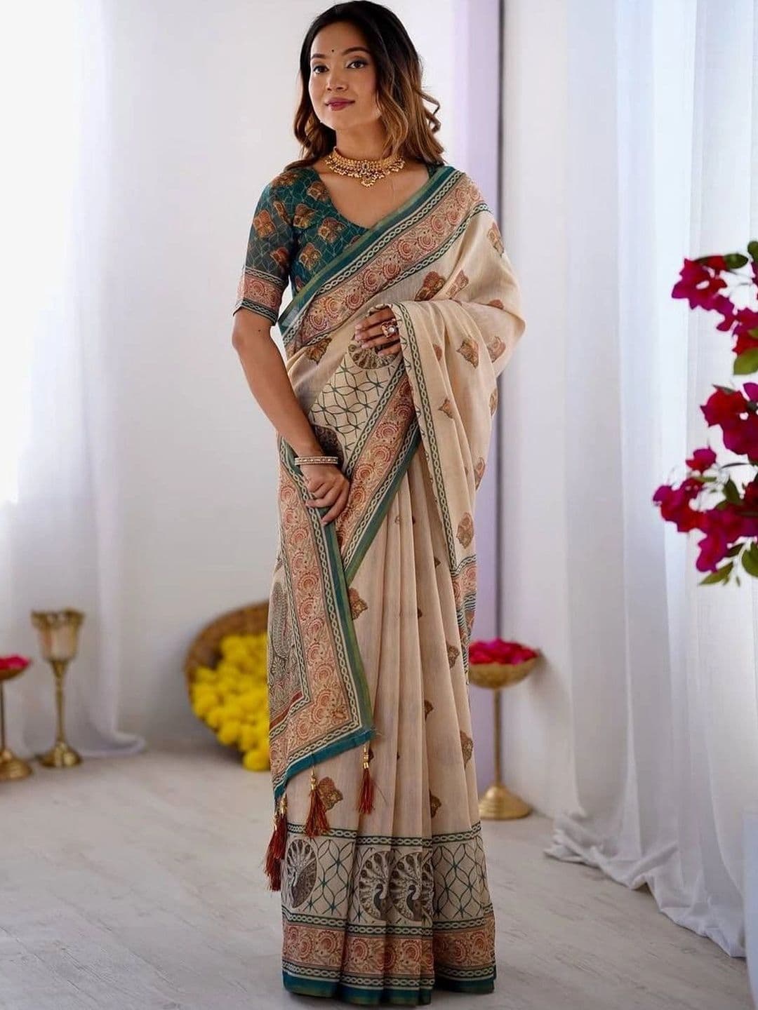 saneria silk Ethnic Motifs Linen Blend Bagru Saree - view 1