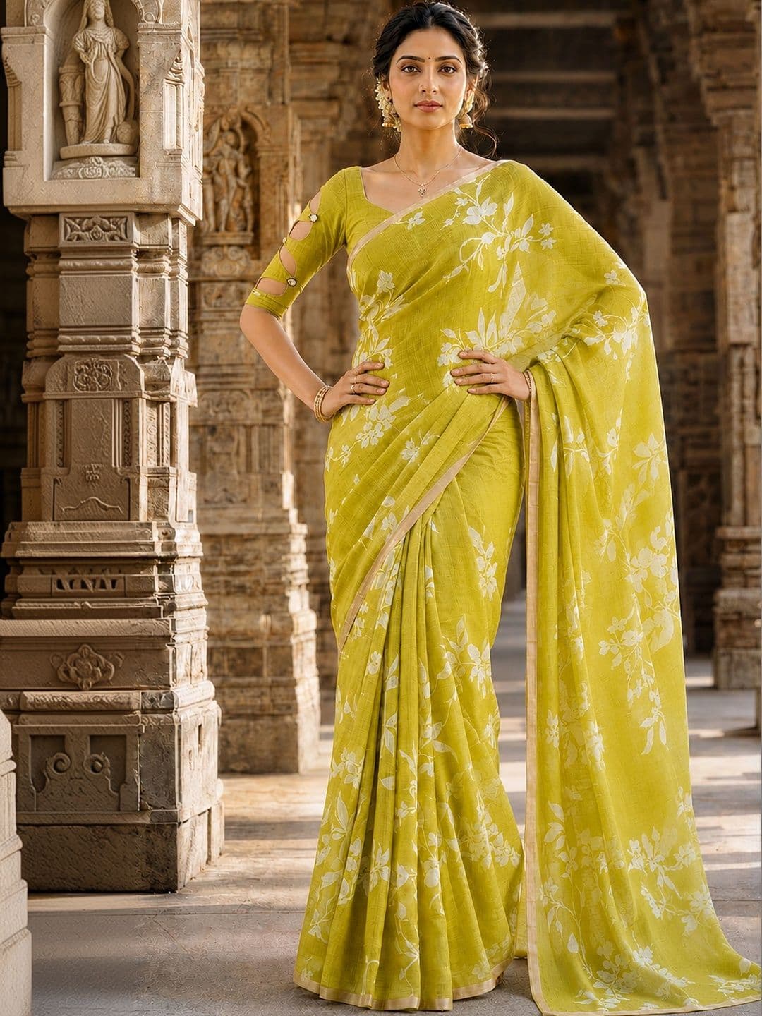 KALINI Floral Linen Blend Designer Block Print Saree thumbnail 2