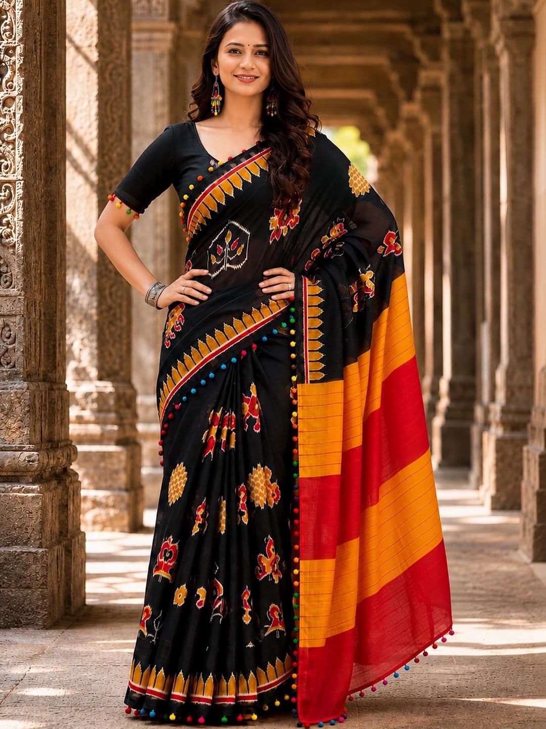 KALINI Linen Blend Designer Block Print Saree thumbnail 5