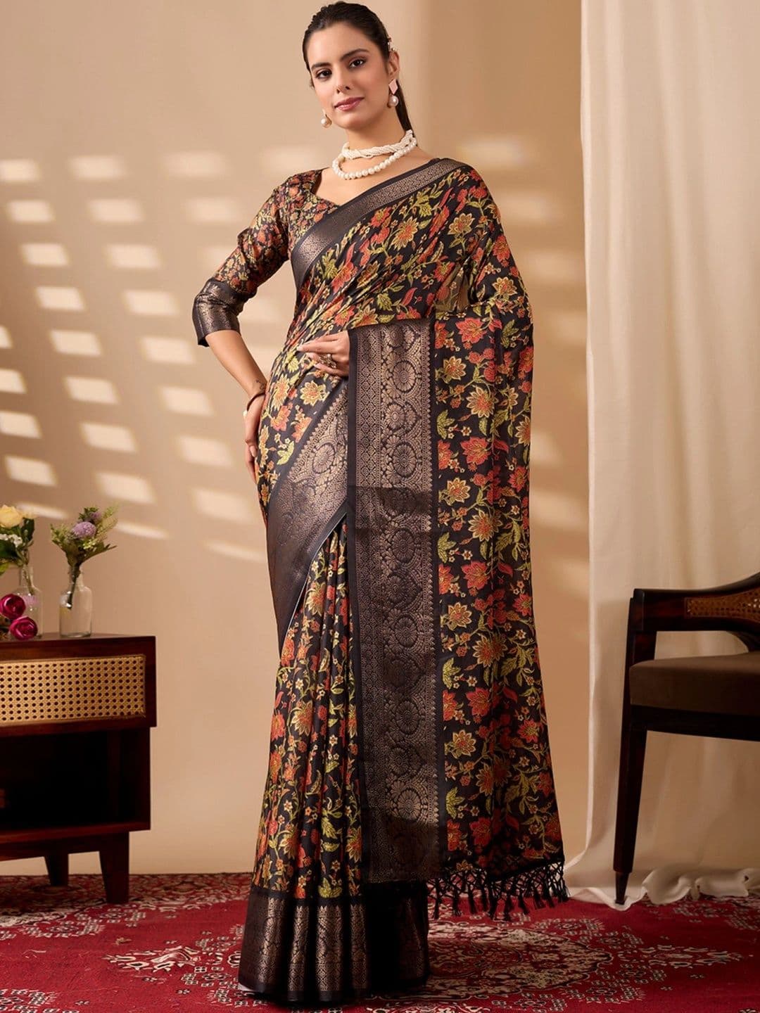 Mitera Floral Zari Silk Blend Designer Saree - view 1