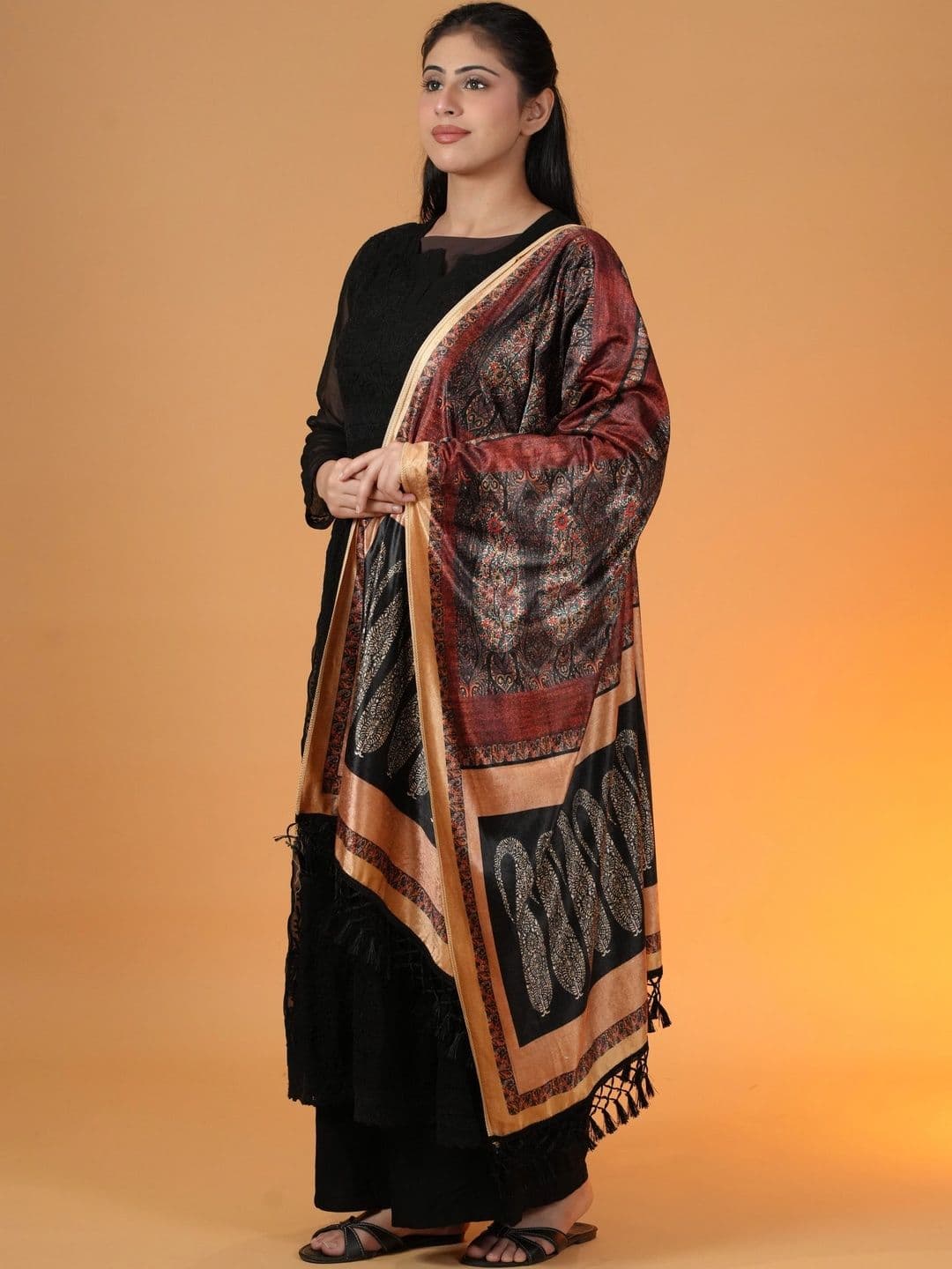 S.T. Women Ethnic Motifs Printed Velvet Shawl thumbnail 4