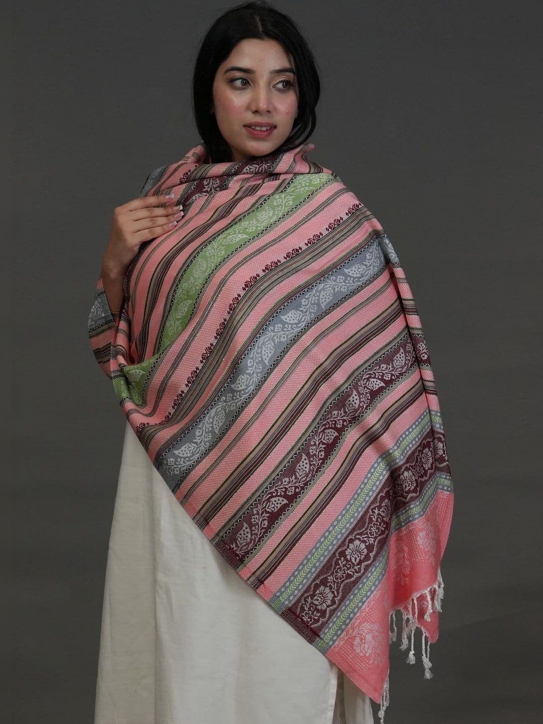 S.T. Women Striped Printed Acrylic Shawl thumbnail 4