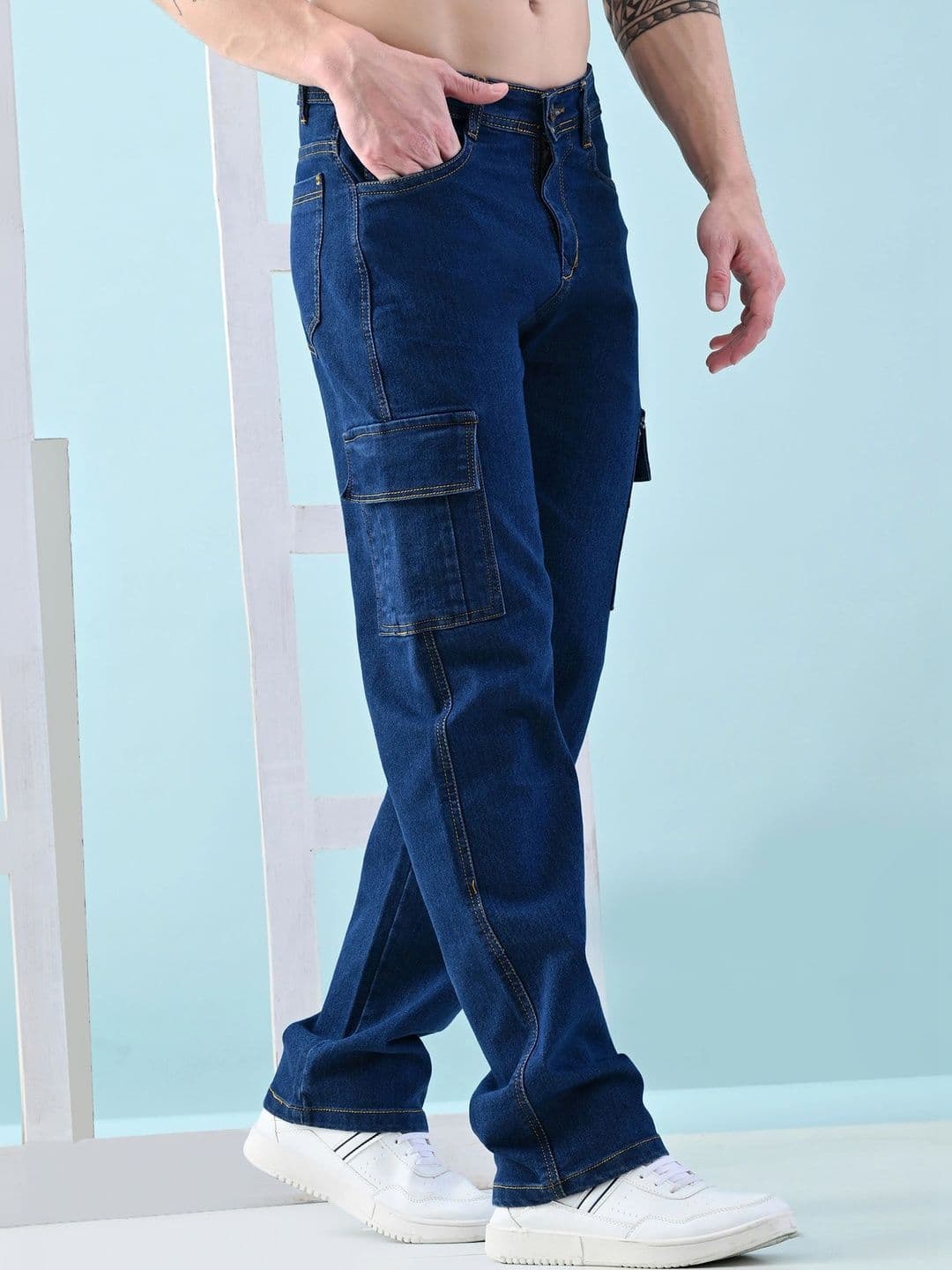 HERE&NOW Men's Dark Wash Mid-Rise Cargo Straight Fit Jeans with Flap Pockets thumbnail 4