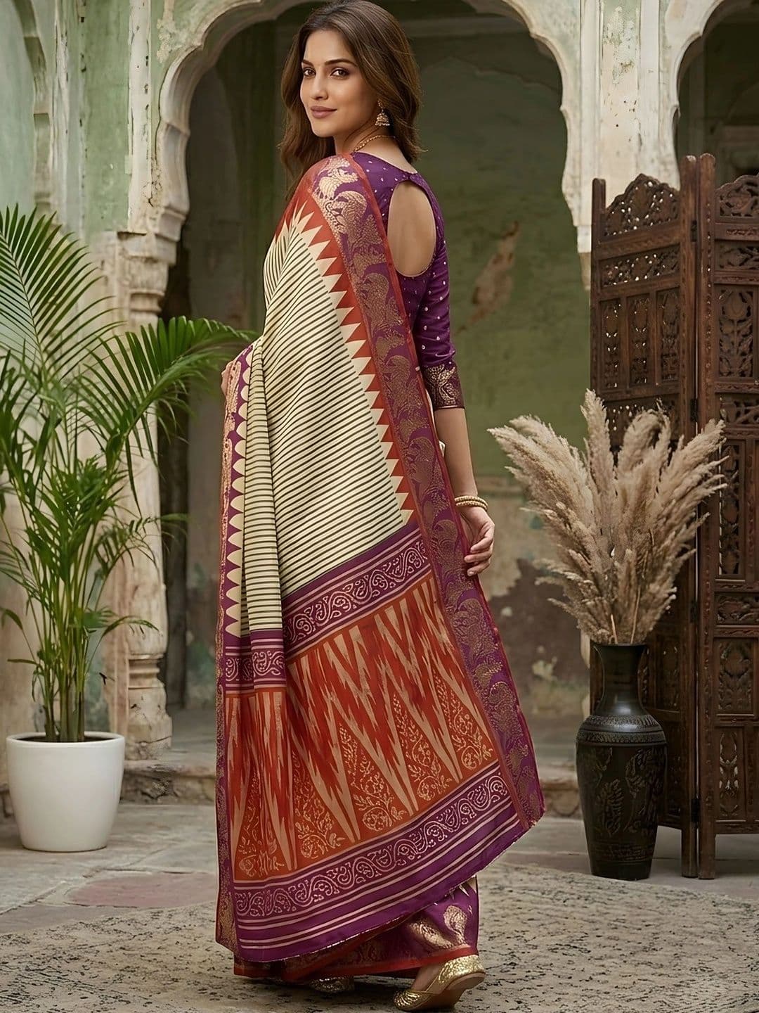 Mitera Striped Zari Silk Blend Designer Saree thumbnail 3