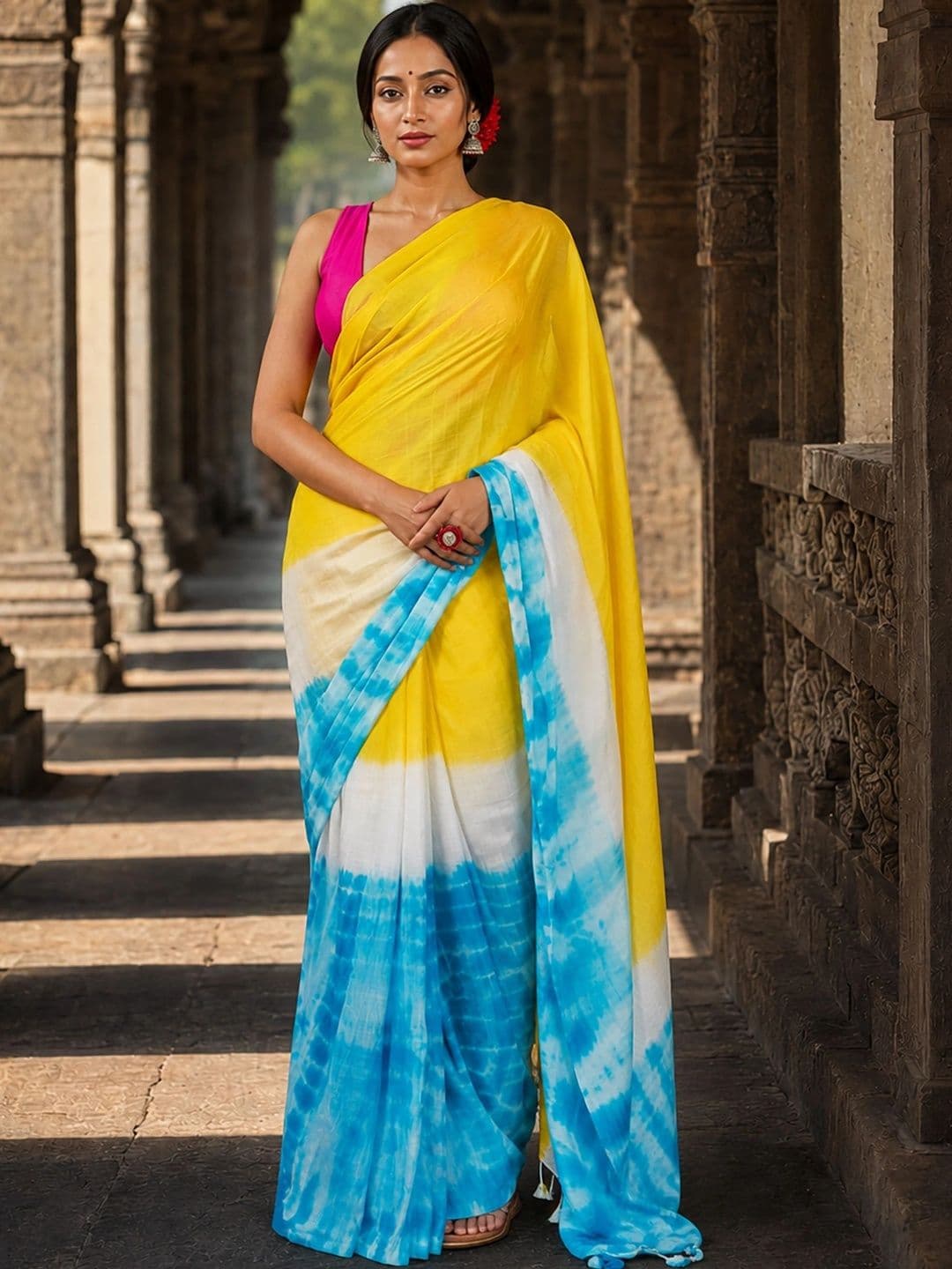 KALINI Tie and Dye Linen Blend Designer Block Print Saree - view 1