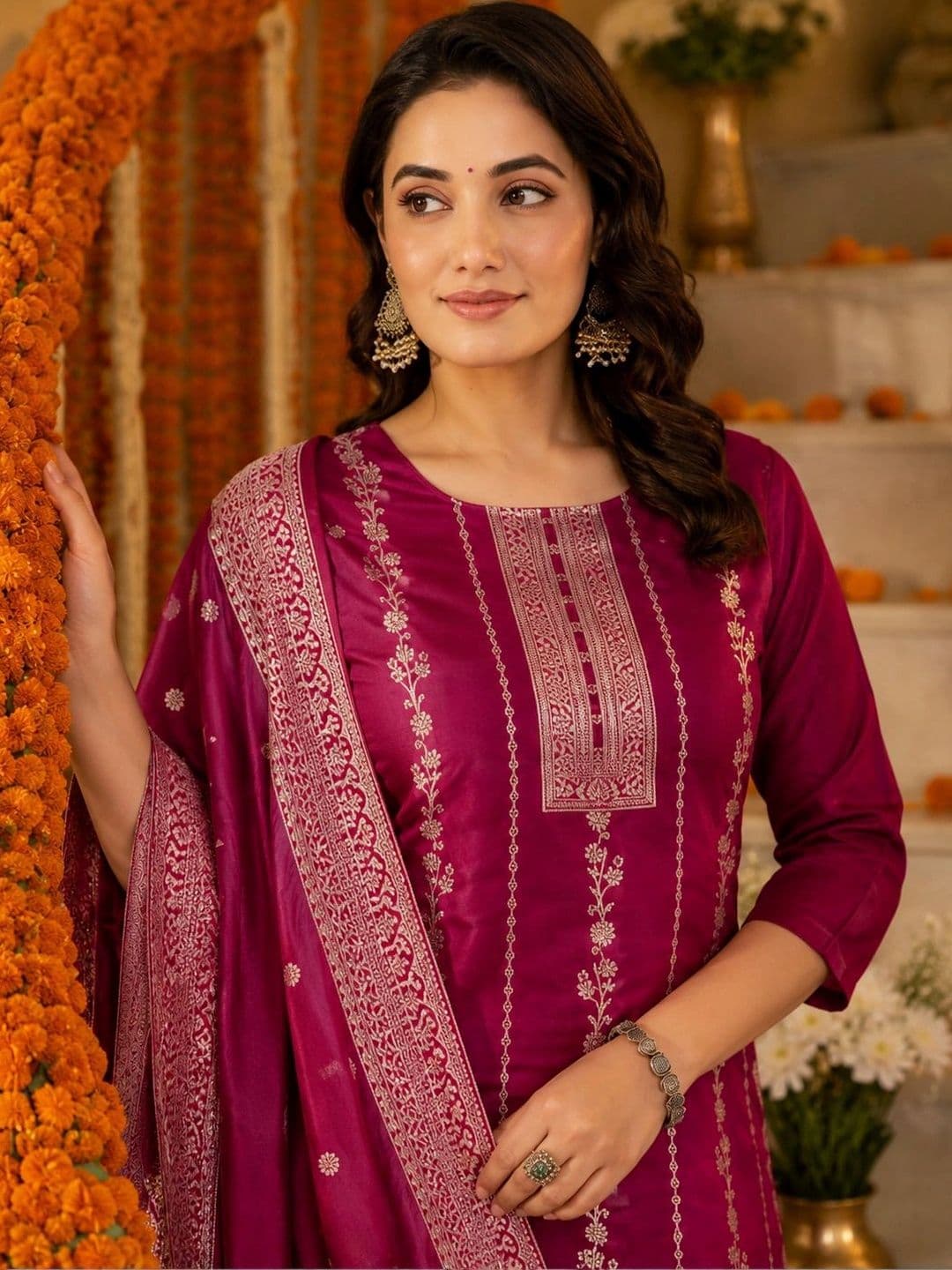 KALINI Women Ethnic Motifs Regular Kurta with Trousers & With Dupatta thumbnail 4
