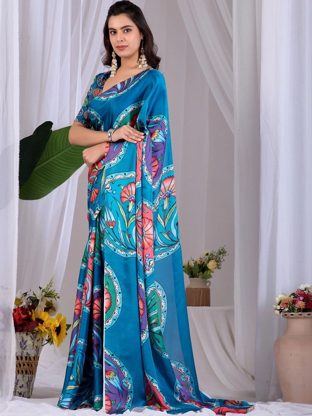Mitera Floral Satin Designer Saree thumbnail 2