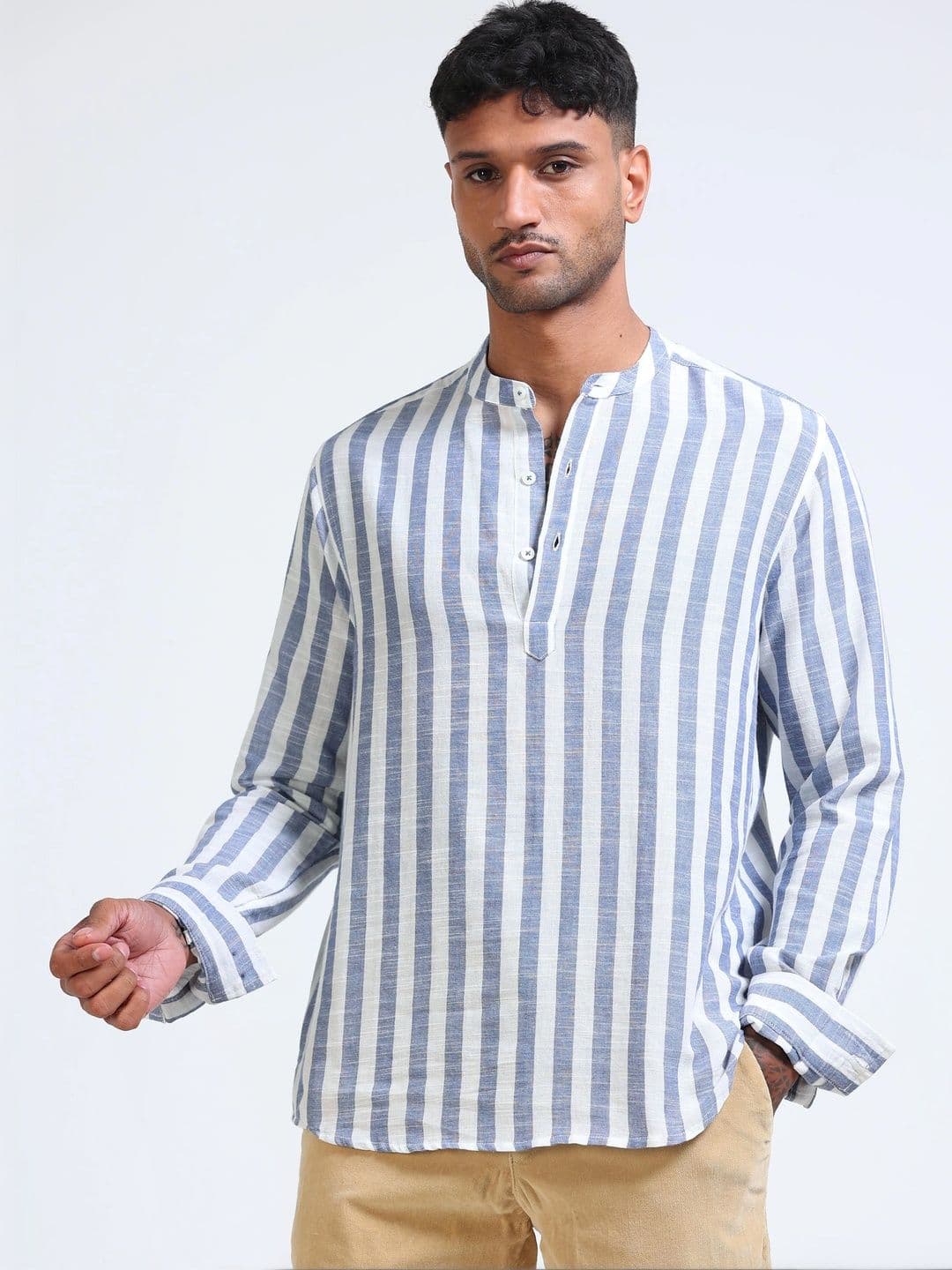 StitchX Men's Pure Cotton Striped Mandarin Collar Kurta Shirt - view 1