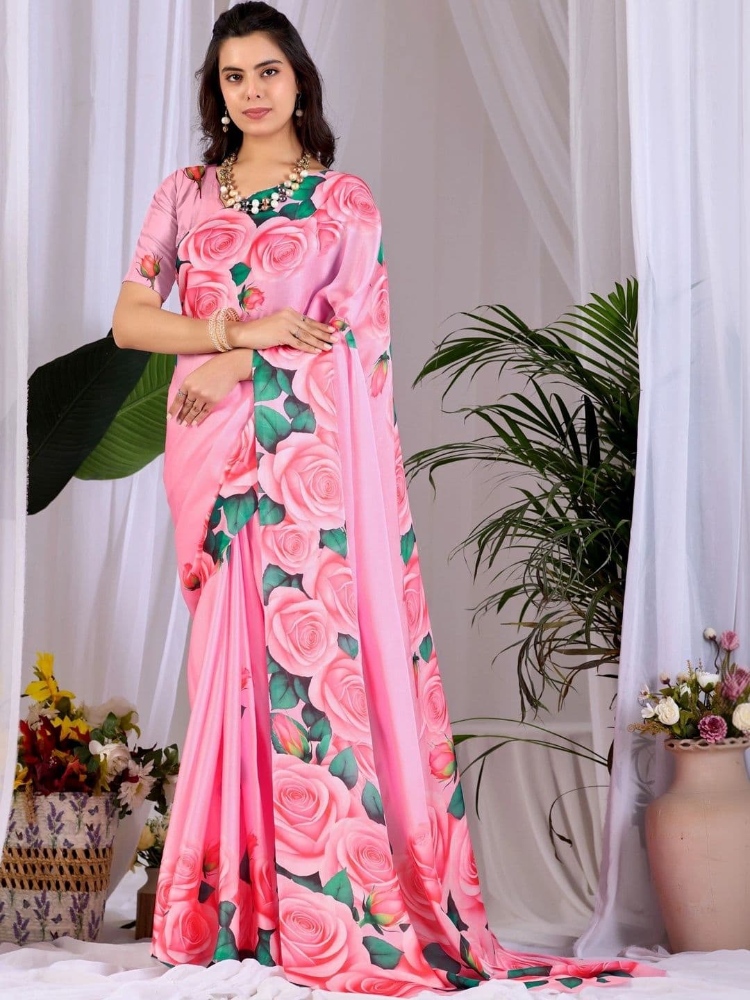DIVASTRI Floral Satin Designer Saree - view 1
