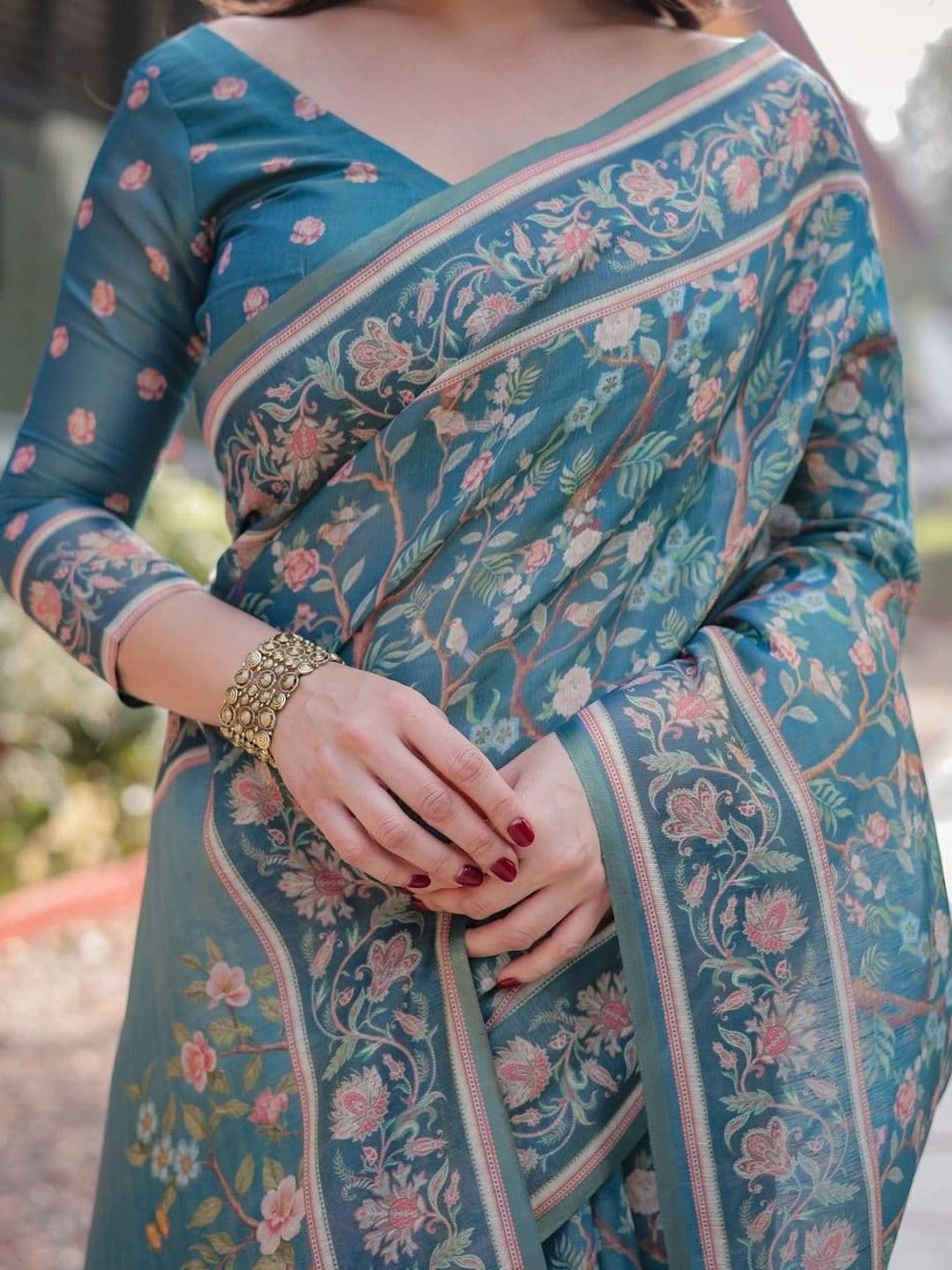 saneria silk Floral Linen Blend Chanderi Saree thumbnail 4