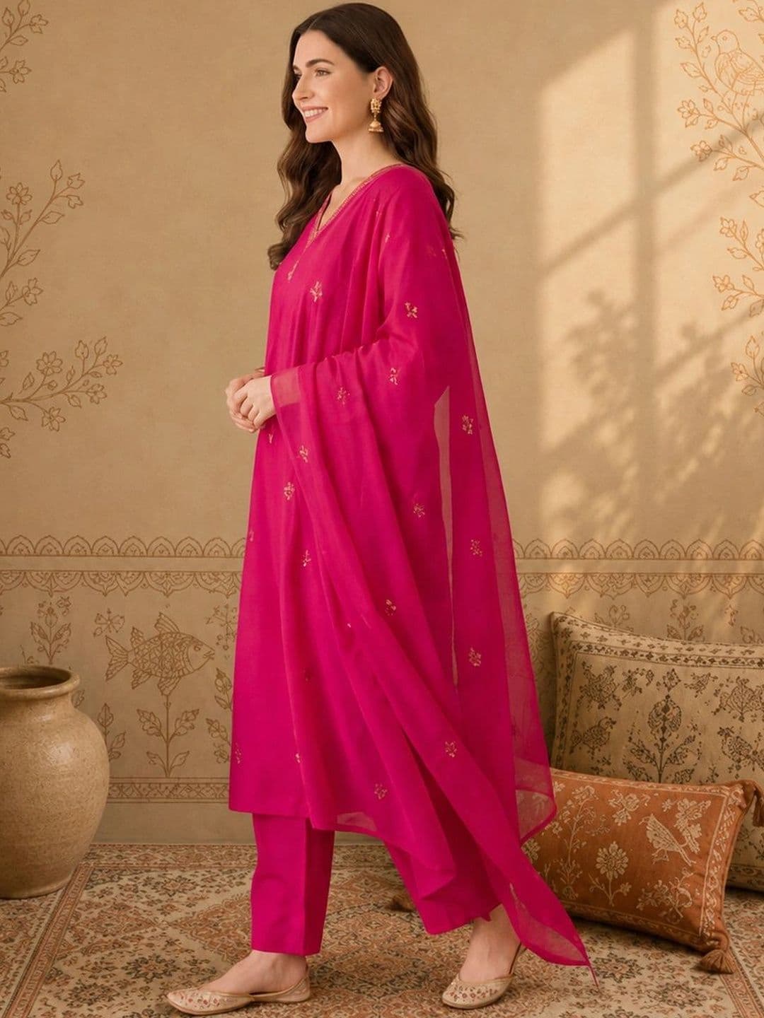 Anouk Women Ethnic Motifs Embroidered Regular Thread Work Pure Cotton Kurta with Trousers & With Dupatta thumbnail 4