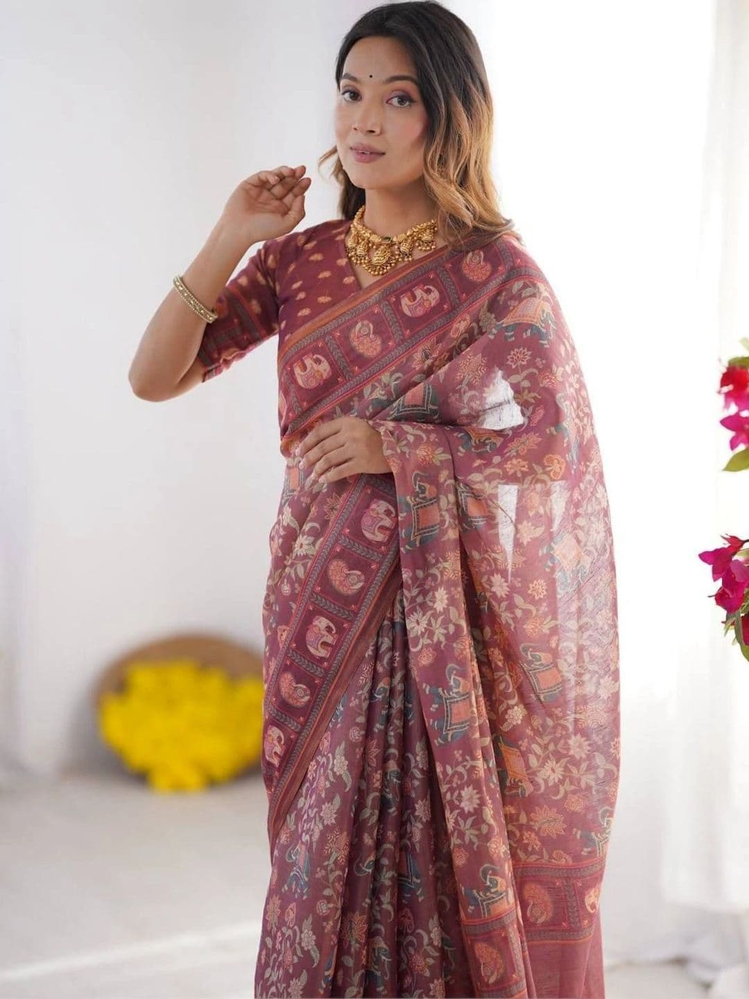 saneria silk Floral Linen Blend Bagru Saree thumbnail 2