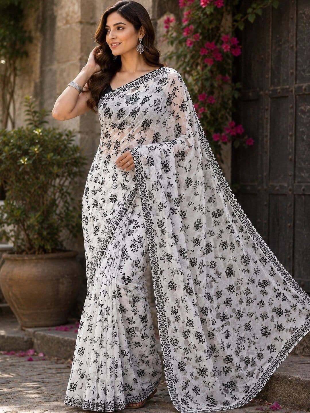 NARIVESH TRENDS Floral Poly Georgette Saree - view 1