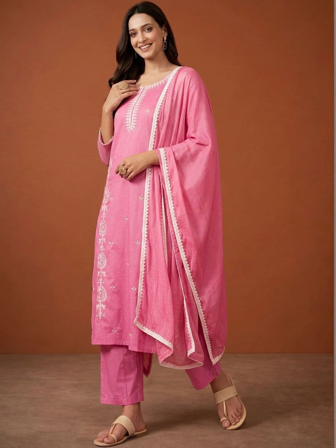 Sangria Women Ethnic Motifs Embroidered Regular Thread Work Pure Cotton Kurta with Trousers & With Dupatta thumbnail 4