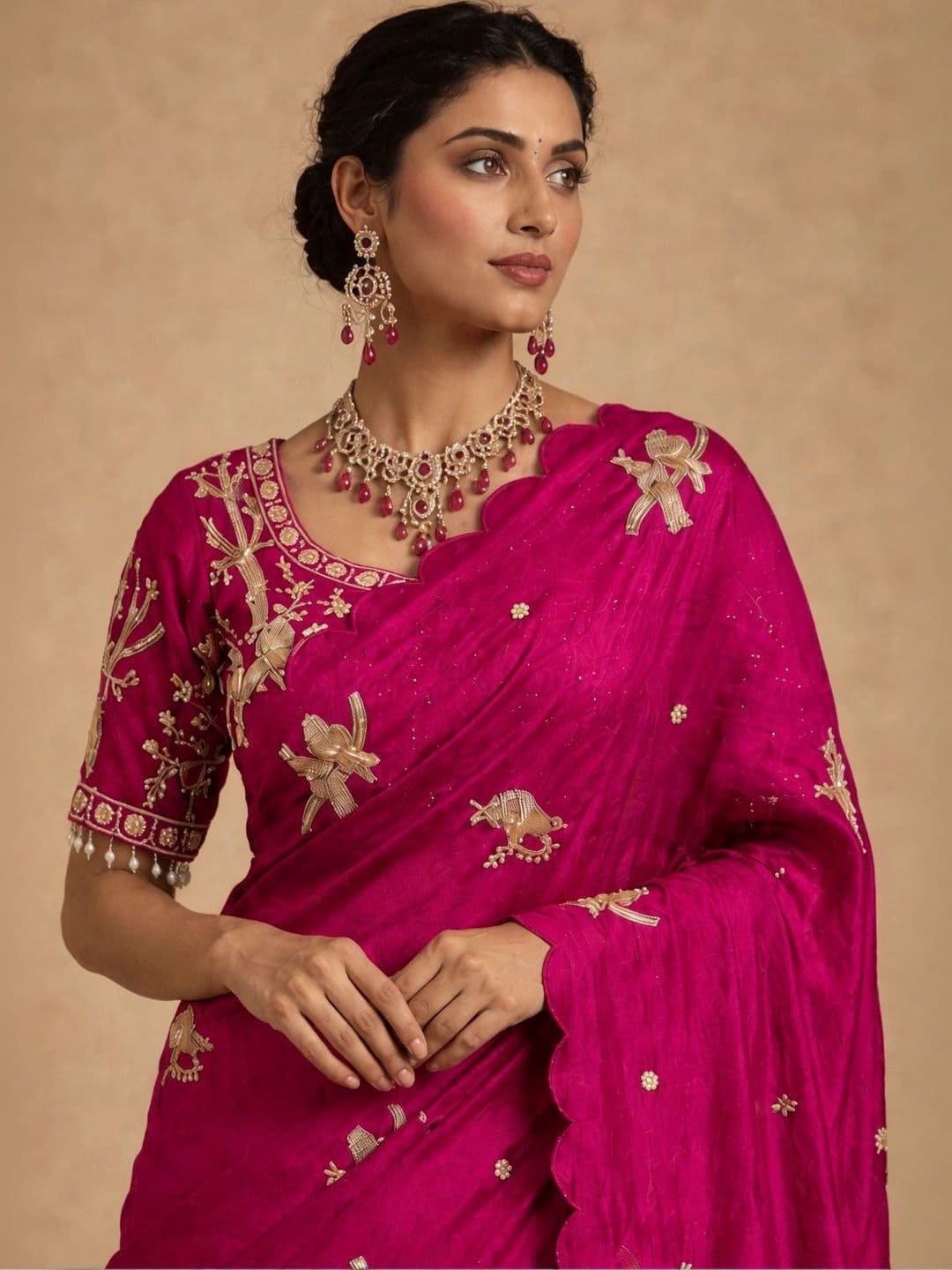 HK TEX Floral Embroidered Satin Saree thumbnail 2