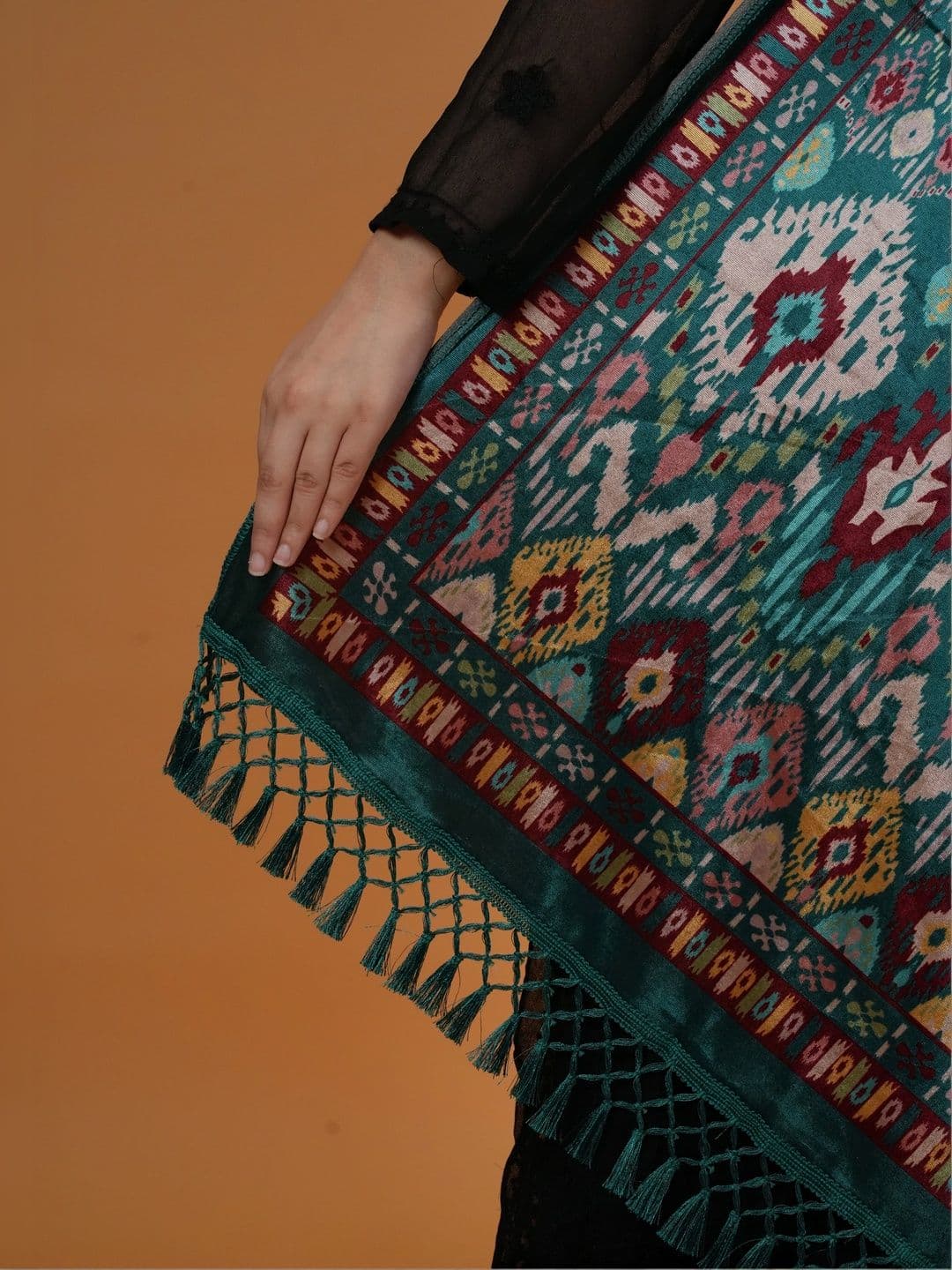 S.T. Women Ethnic Motifs Printed Velvet Shawl thumbnail 2