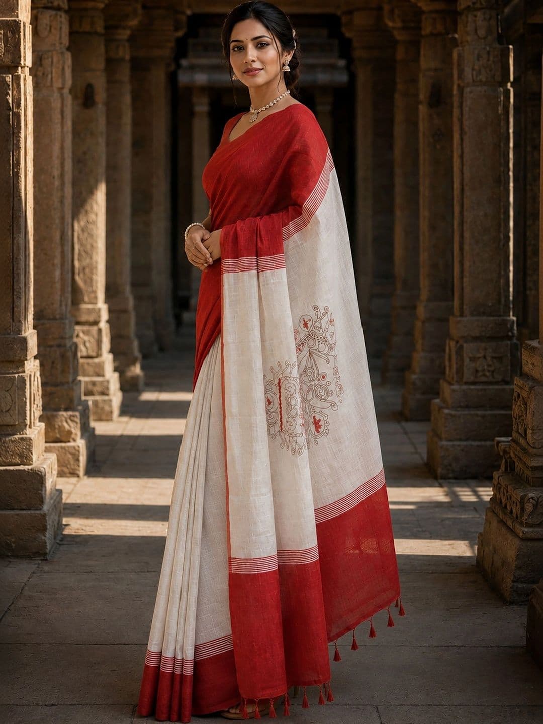 KALINI Linen Blend Designer Block Print Saree thumbnail 5