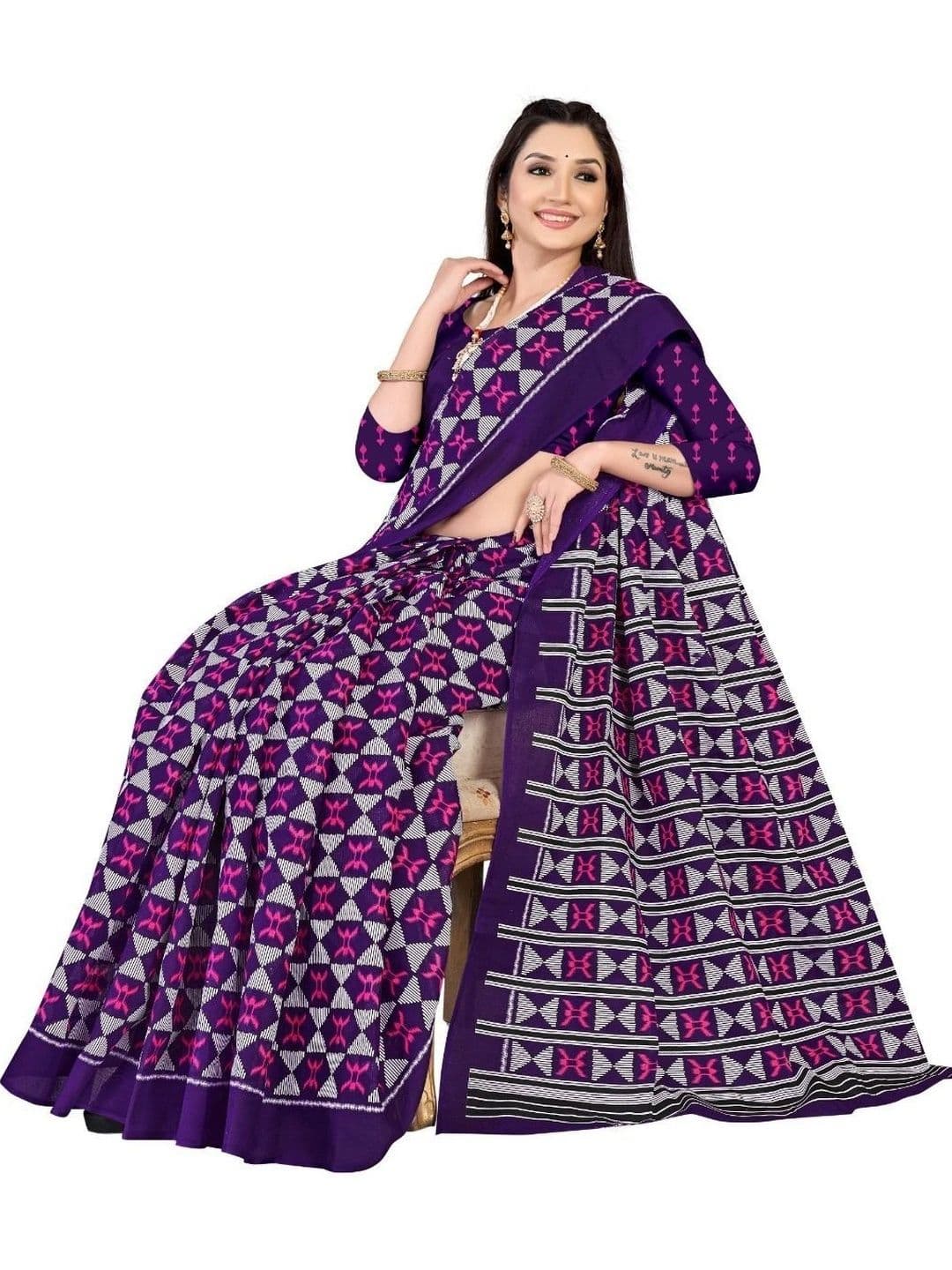 MITITA FASHION Women's Purple Geometric Printed Cotton Blend Saree with Woven Border thumbnail 5
