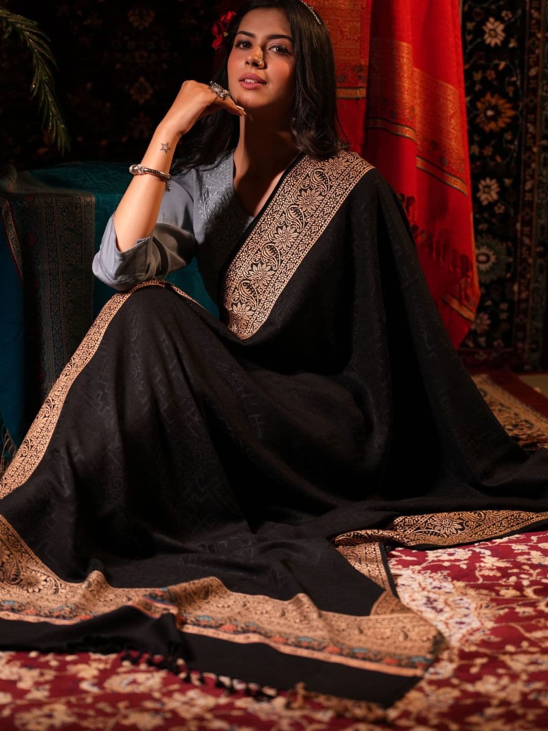 S.T. Women Ethnic Motifs Woven Design Acrylic Shawl thumbnail 2