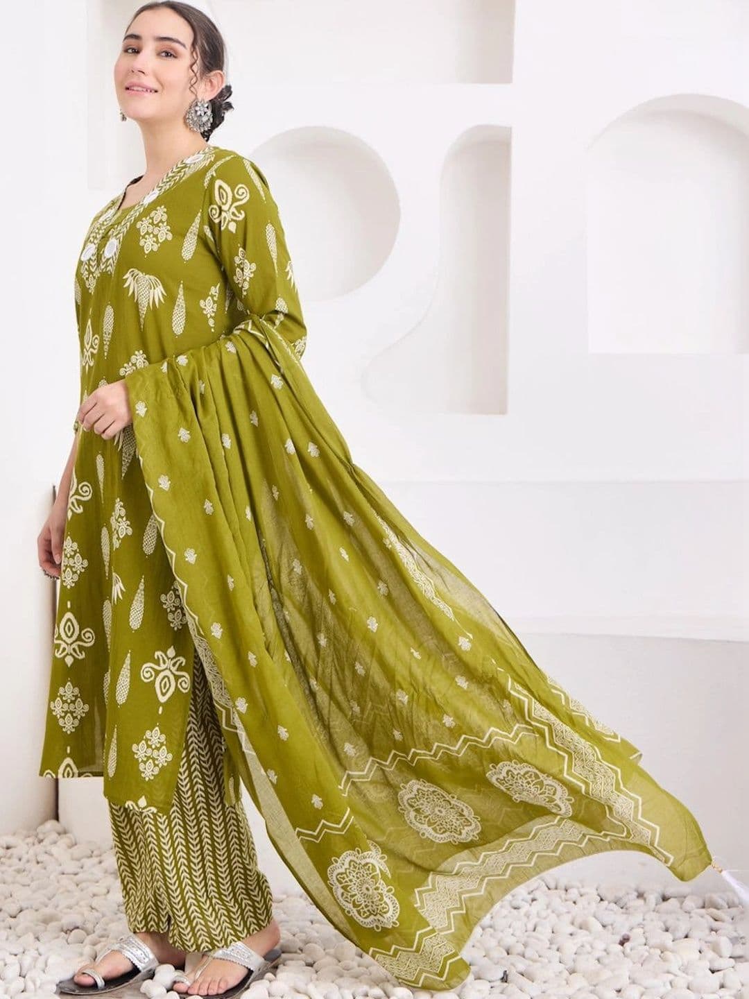 KALINI Women Ethnic Motifs Printed Regular Mirror Work Pure Cotton Kurta with Trousers & With Dupatta - view 1