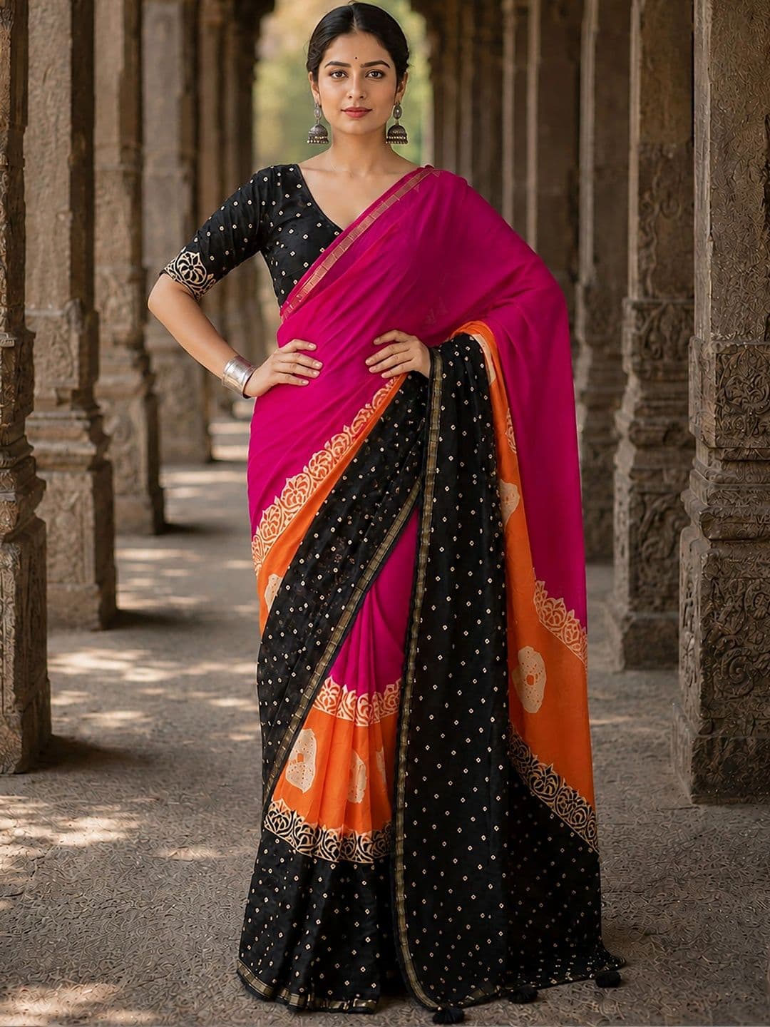 KALINI Linen Blend Designer Block Print Saree thumbnail 4