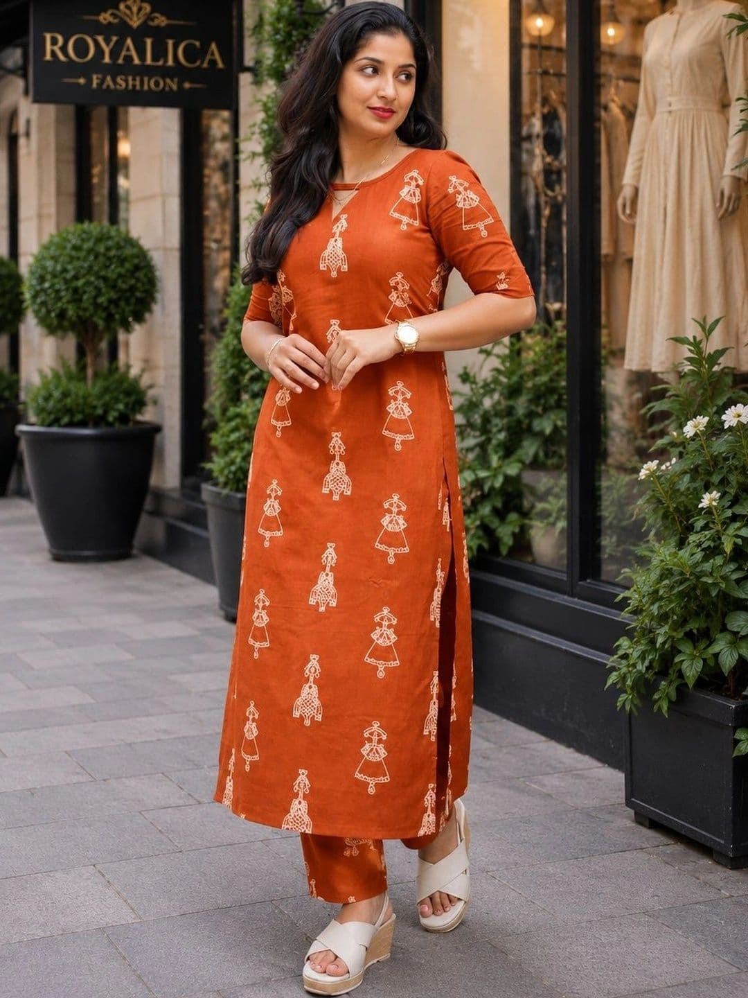 BAESD Ethnic Motifs Printed Key-Hole Neck Straight Kurta with Trouser thumbnail 4