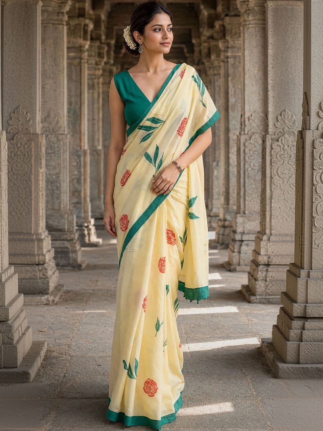 KALINI Floral Linen Blend Designer Block Print Saree thumbnail 6