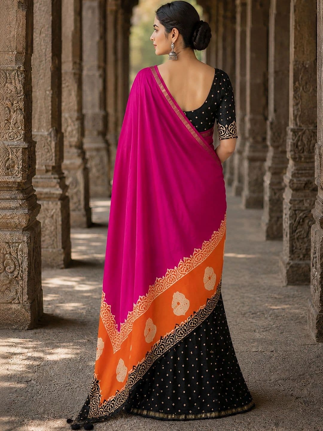 KALINI Linen Blend Designer Block Print Saree thumbnail 6