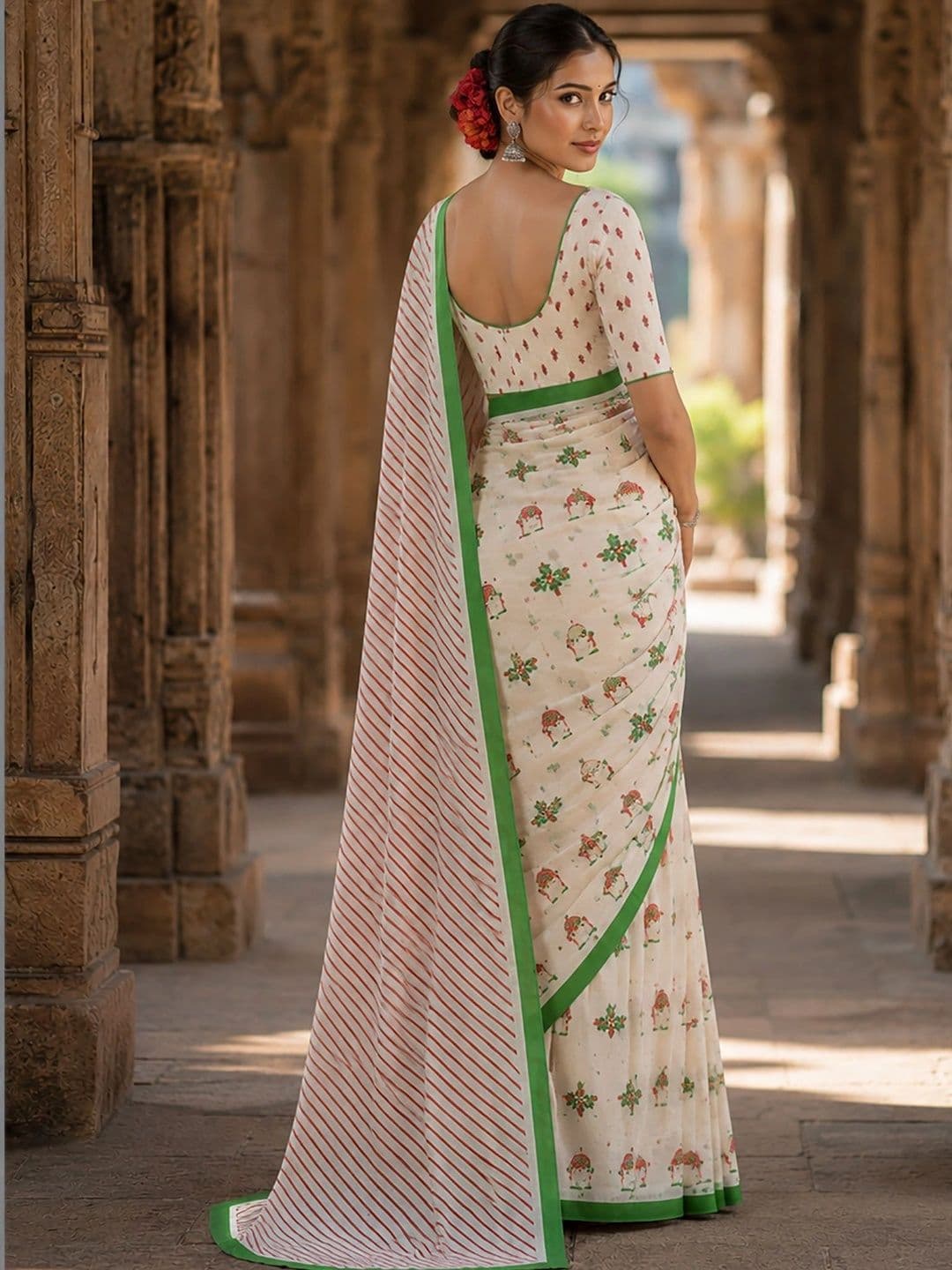 KALINI Floral Linen Blend Designer Block Print Saree thumbnail 5