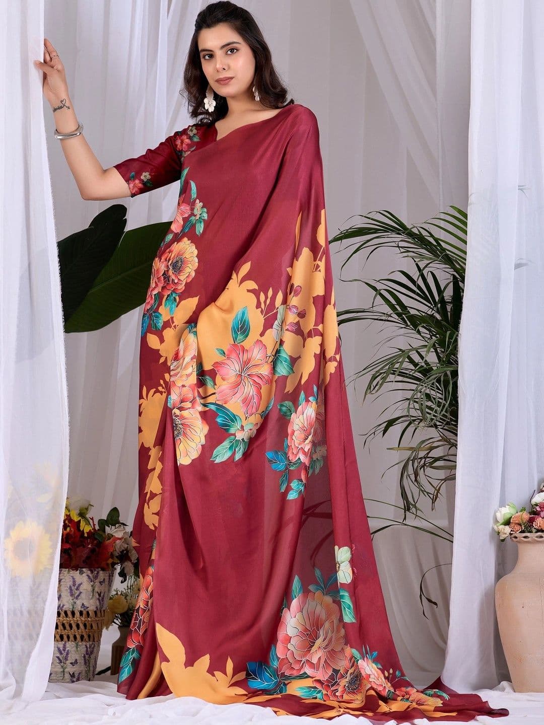 Mitera Floral Satin Designer Saree thumbnail 5