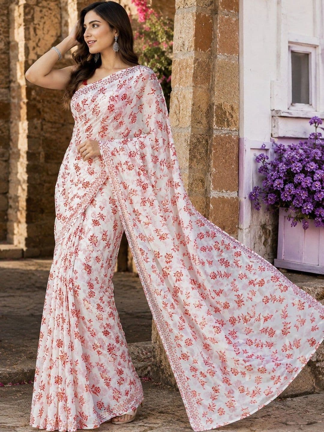 NARIVESH TRENDS Floral Poly Georgette Saree - view 1