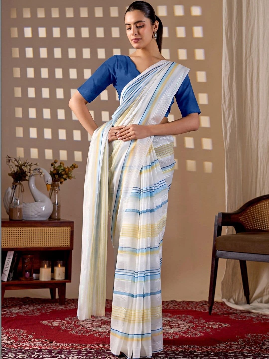 DIVASTRI Striped Poly Georgette Designer Saree thumbnail 5