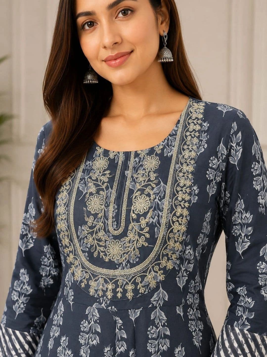 HERE&NOW Printed Round Neck A-Line Ethnic Dresses thumbnail 3