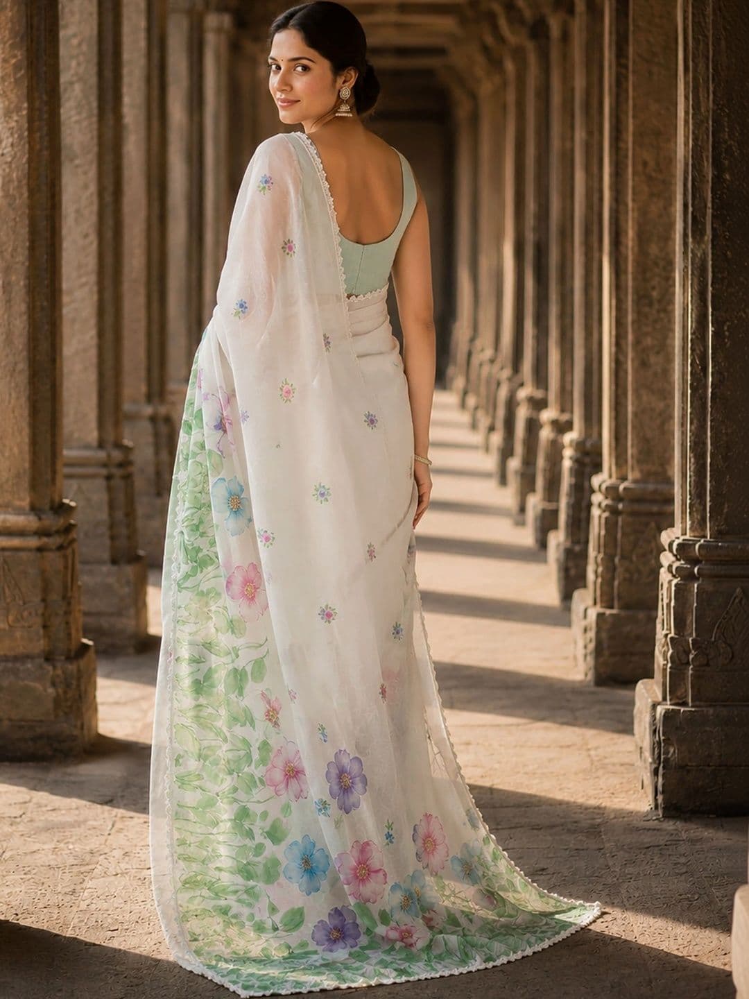 KALINI Floral Linen Blend Designer Block Print Saree thumbnail 5