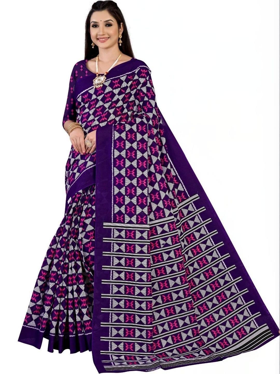MITITA FASHION Women's Purple Geometric Printed Cotton Blend Saree with Woven Border - view 1