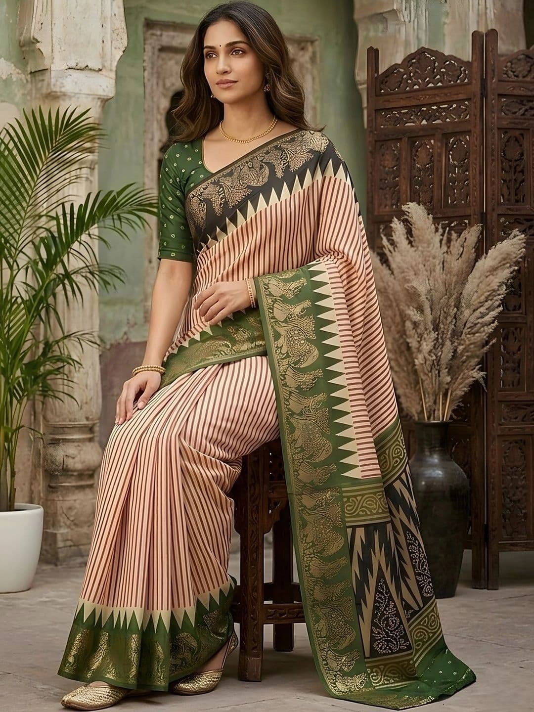 Mitera Striped Zari Silk Blend Designer Saree thumbnail 3