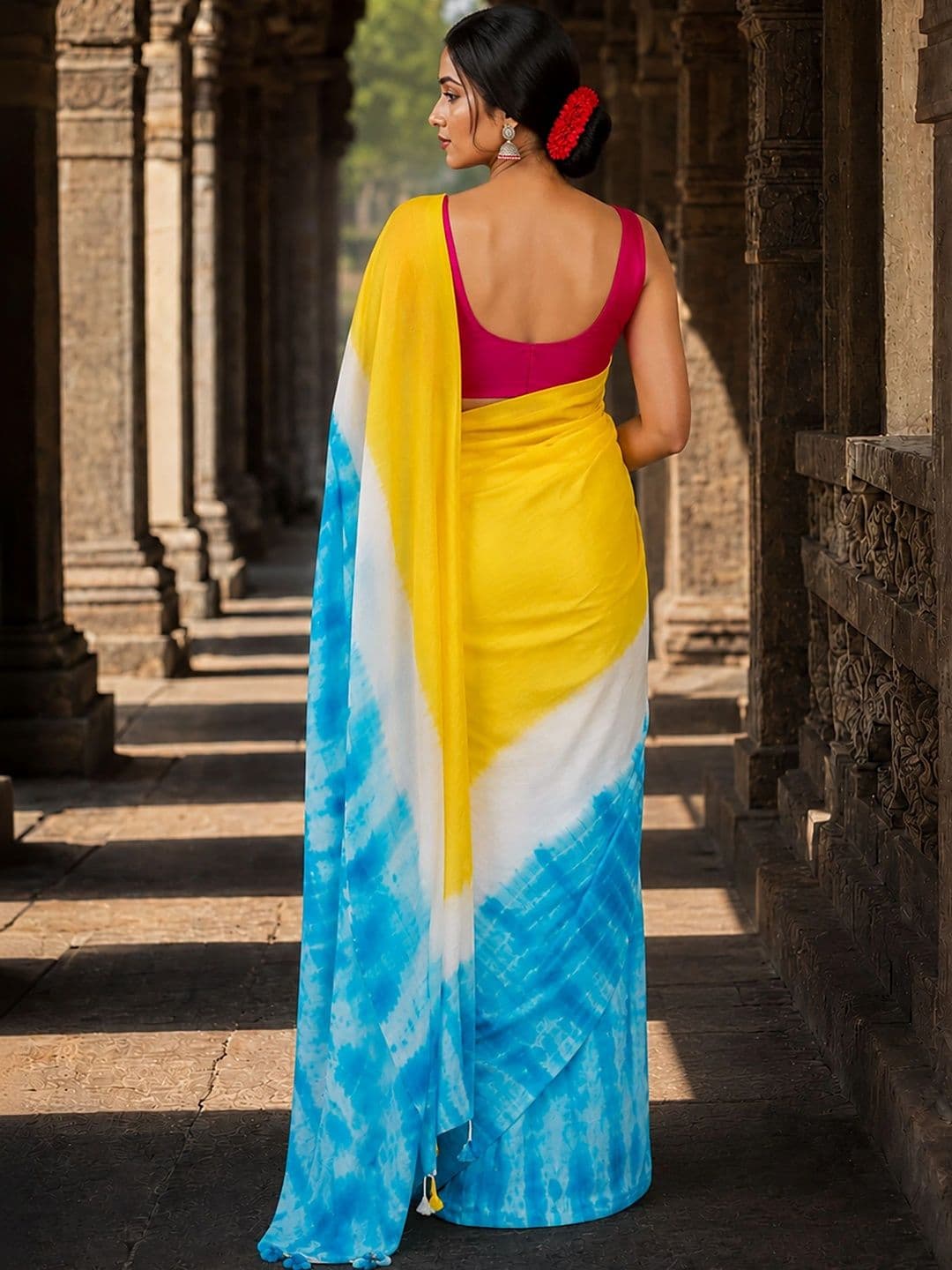 KALINI Tie and Dye Linen Blend Designer Block Print Saree thumbnail 4