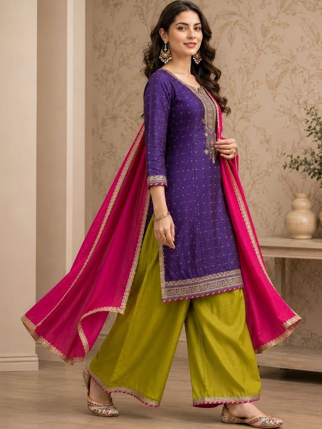 Sangria Women Ethnic Motifs Embroidered Regular Dupion Silk Kurta with Sharara & With Dupatta thumbnail 3