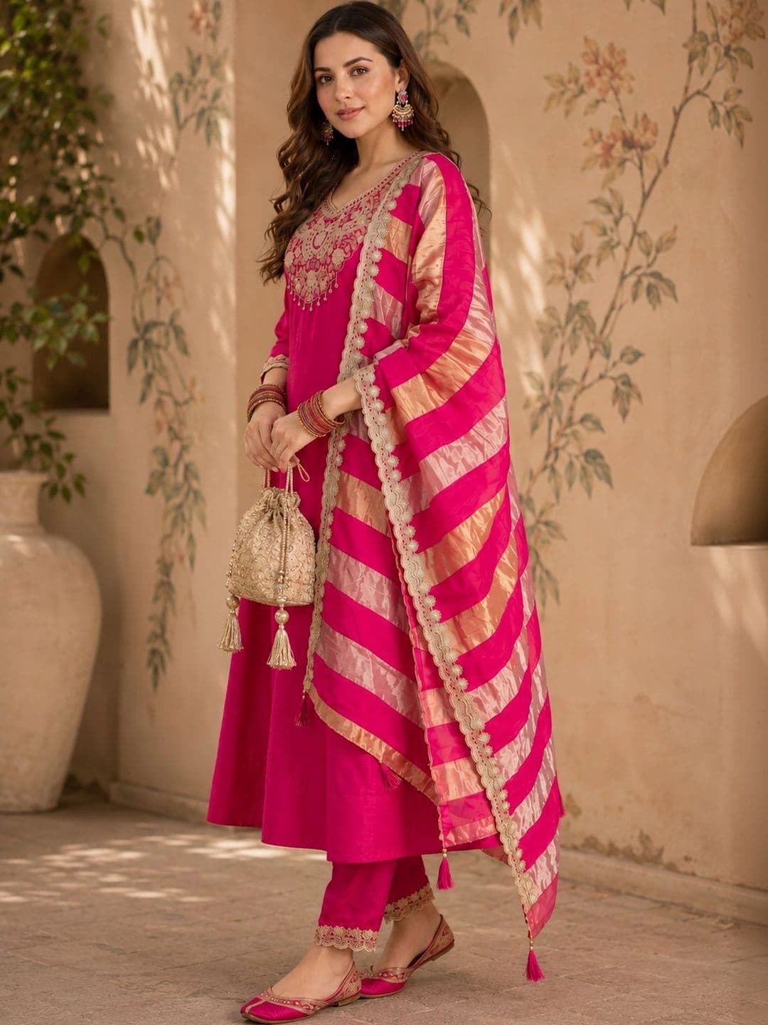 Sangria Women Ethnic Motifs Embroidered Regular Dupion Silk Kurta with Trousers & With Dupatta thumbnail 6