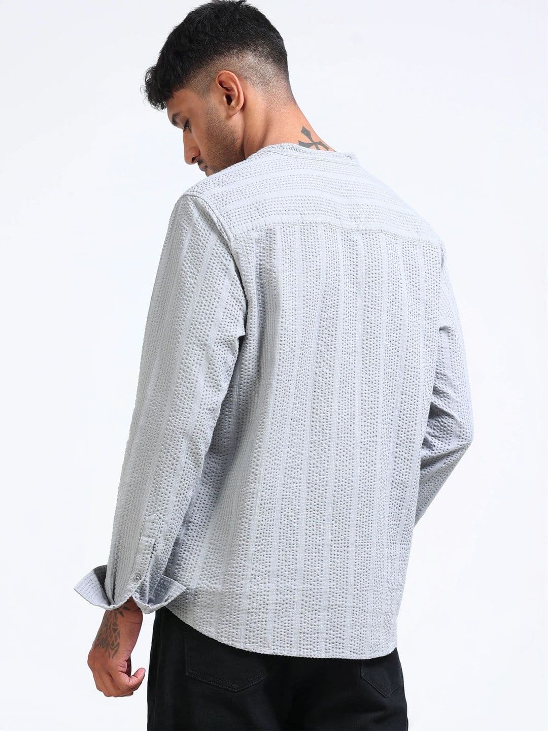 StitchX Men Seersucker Band Collar Pure Cotton Striped Kurta Shirt thumbnail 4