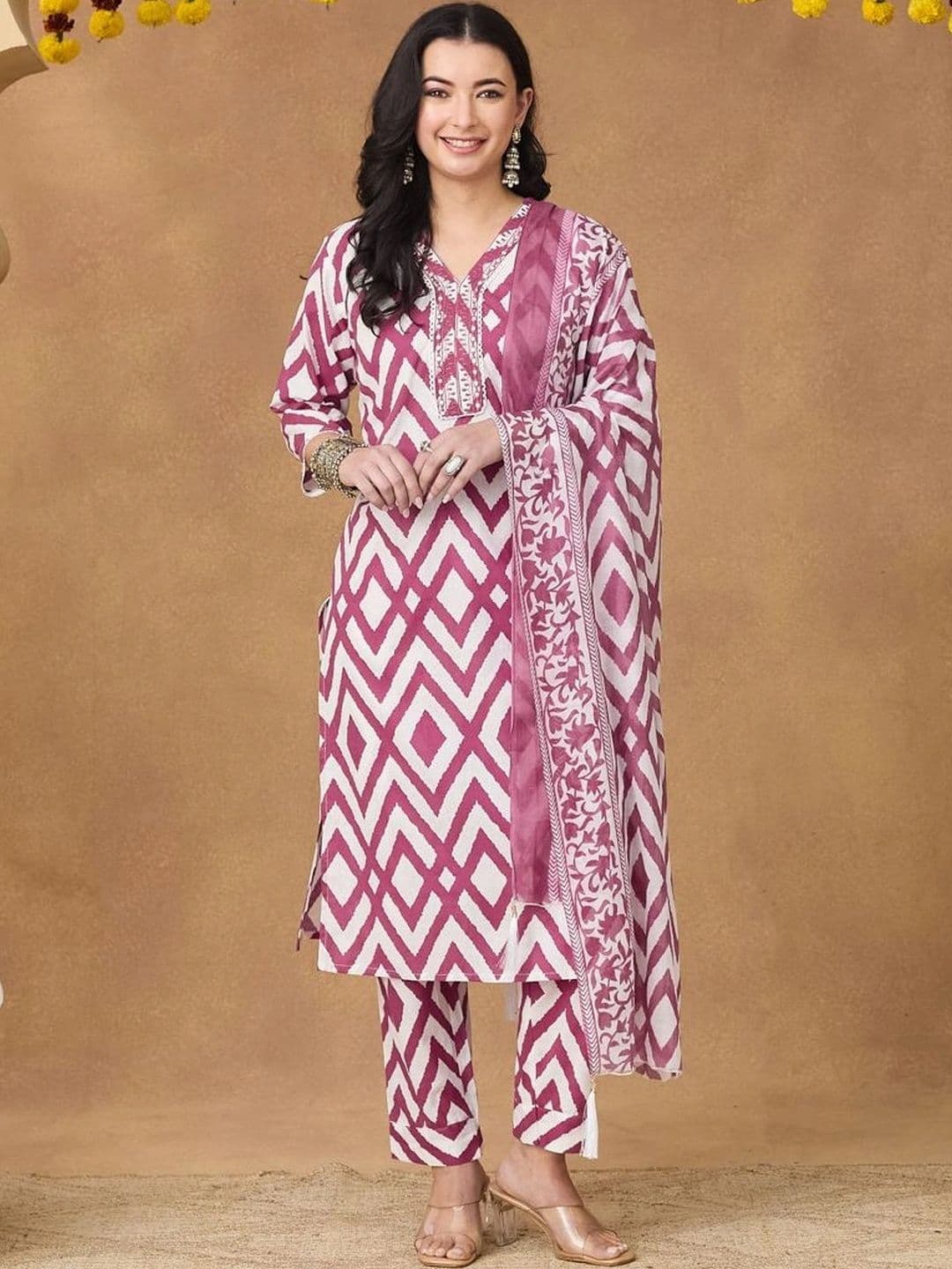 KALINI Women Printed Regular Thread Work Pure Cotton Kurta with Trousers & With Dupatta - view 1