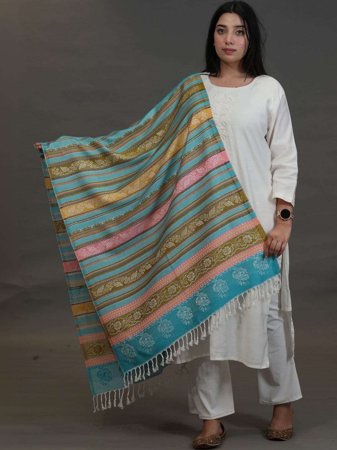 SHIFNEEN Women Striped Woven Design Acrylic Shawl - view 1
