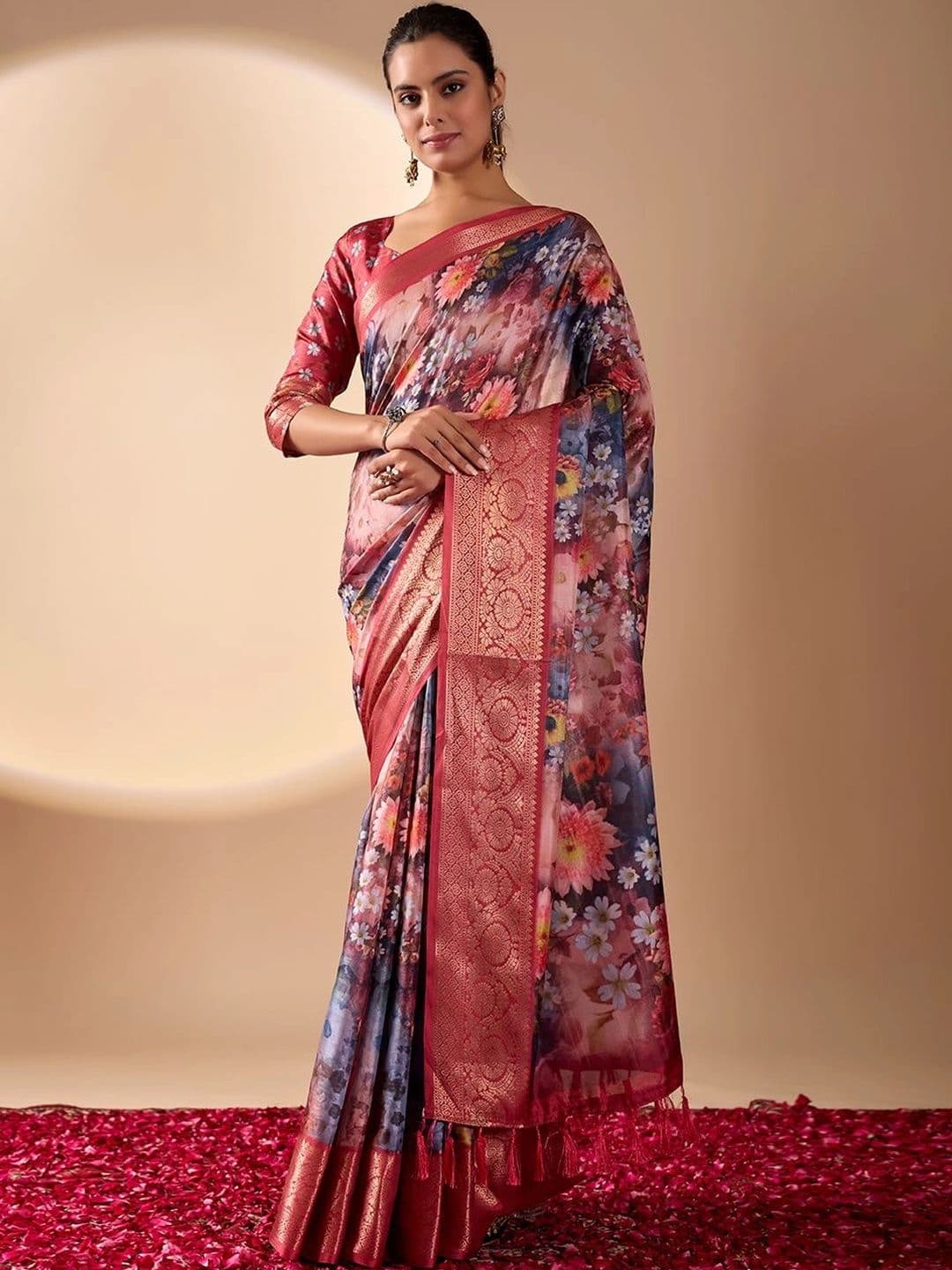 Mitera Floral Zari Silk Blend Designer Saree - view 1
