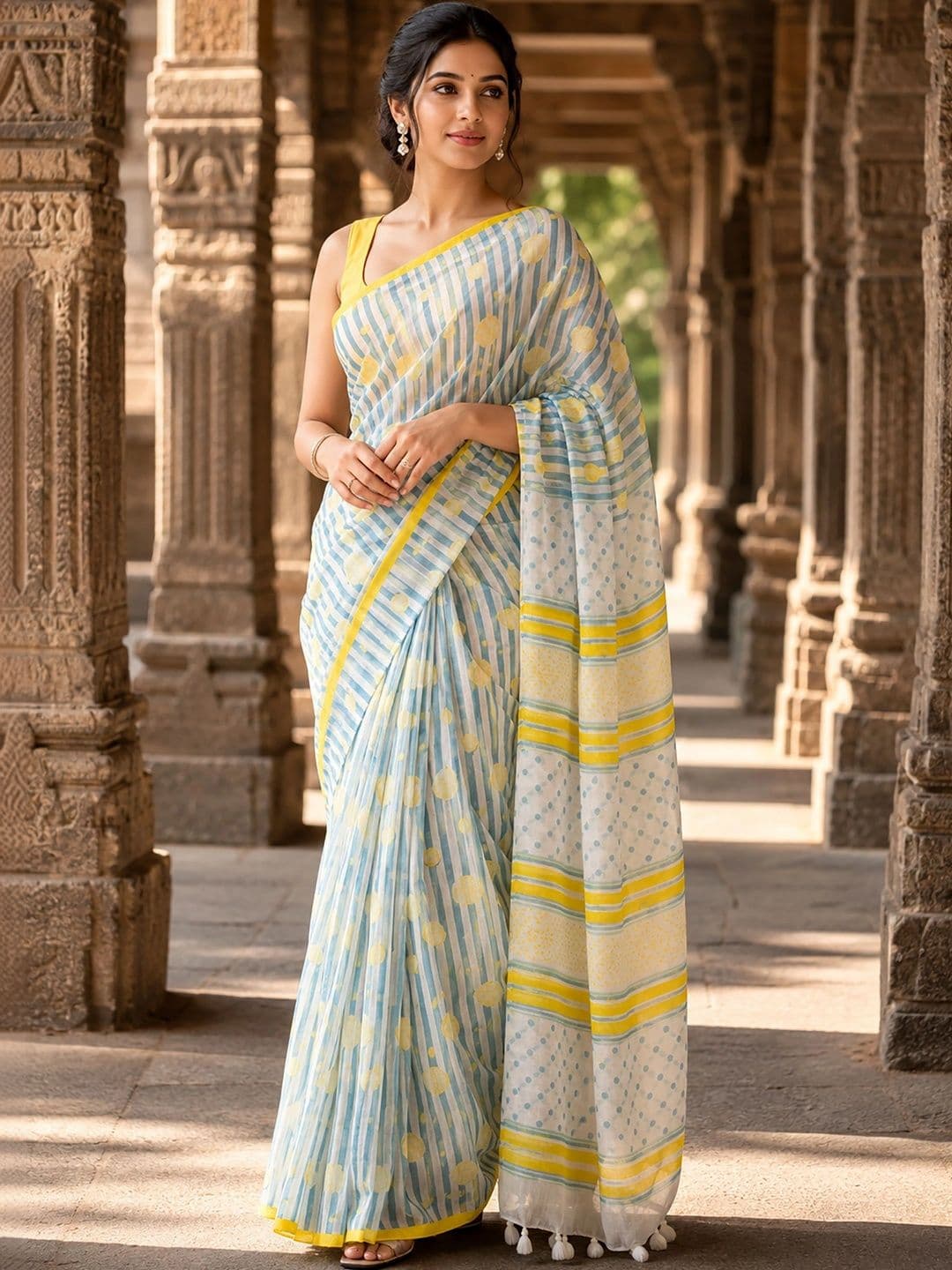 KALINI Striped Linen Blend Designer Block Print Saree thumbnail 2