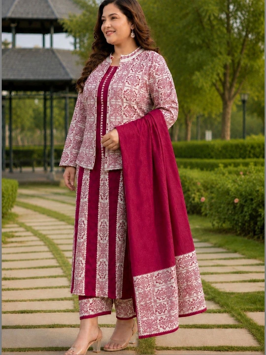 BRAND BORN Women Majenta Woolen 4 Pc Kurta Set with Jacket Trouser Dupatta - view 1