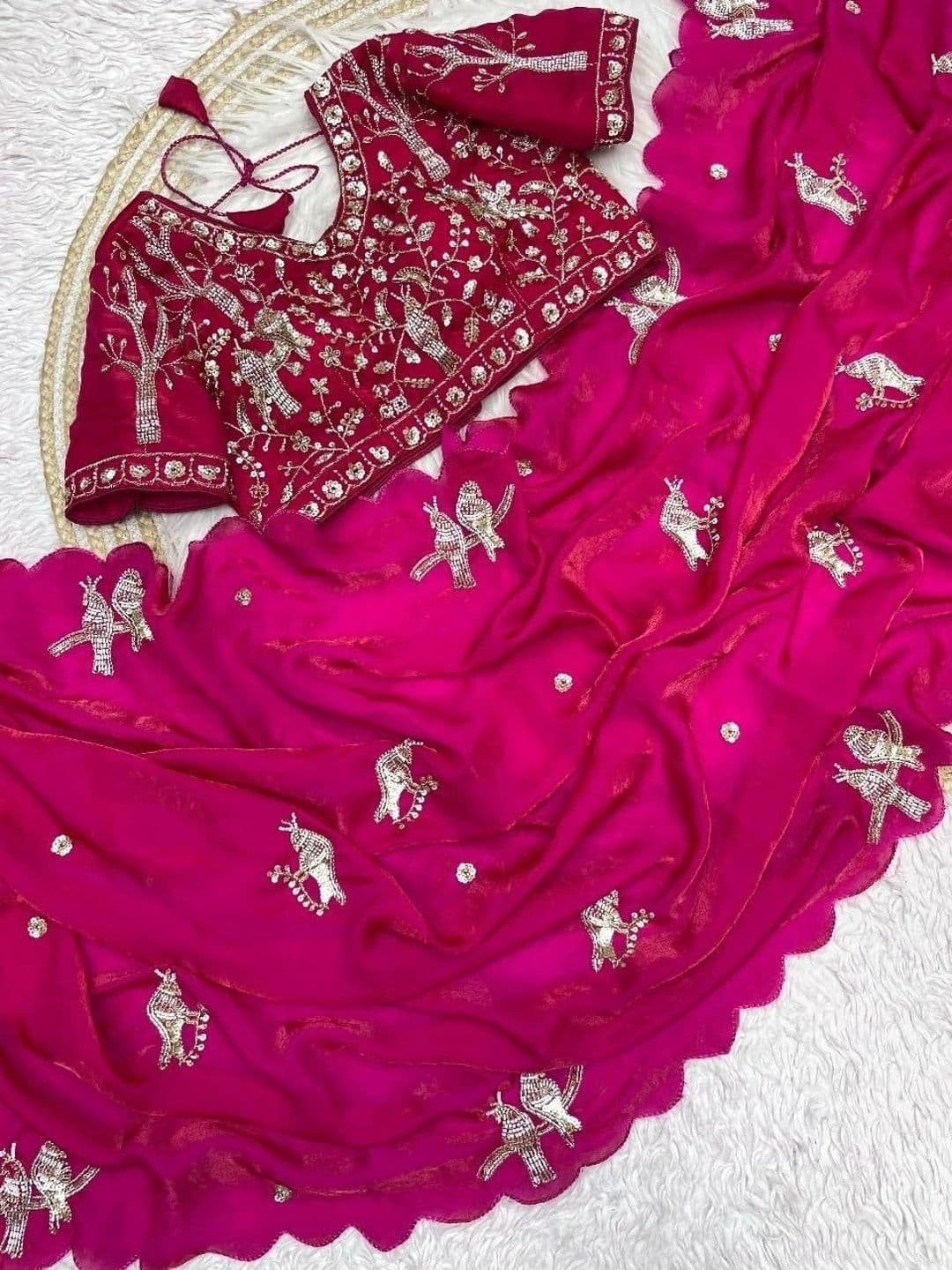 HK TEX Floral Embroidered Satin Saree thumbnail 5
