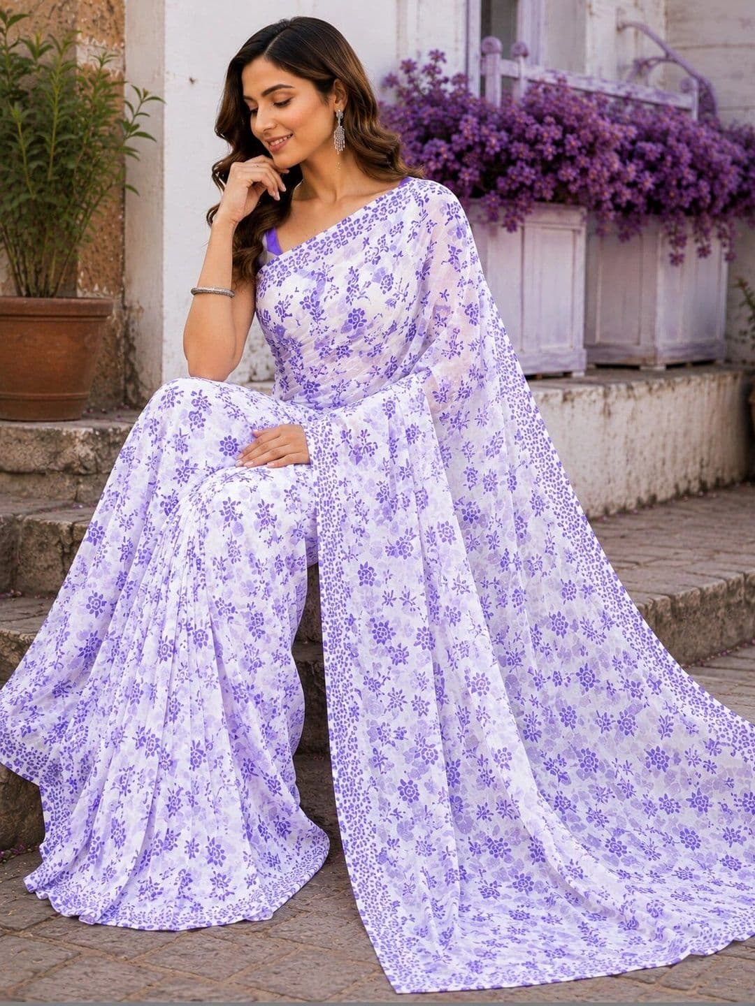 NARIVESH TRENDS Floral Poly Georgette Saree thumbnail 4