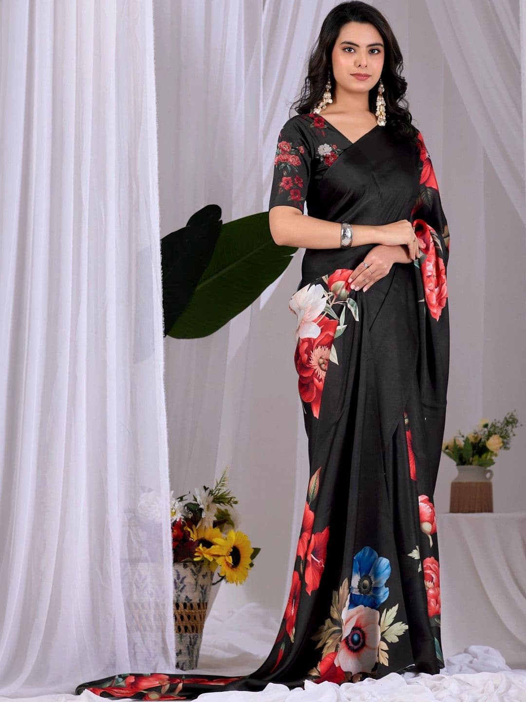 Mitera Floral Satin Designer Saree thumbnail 6
